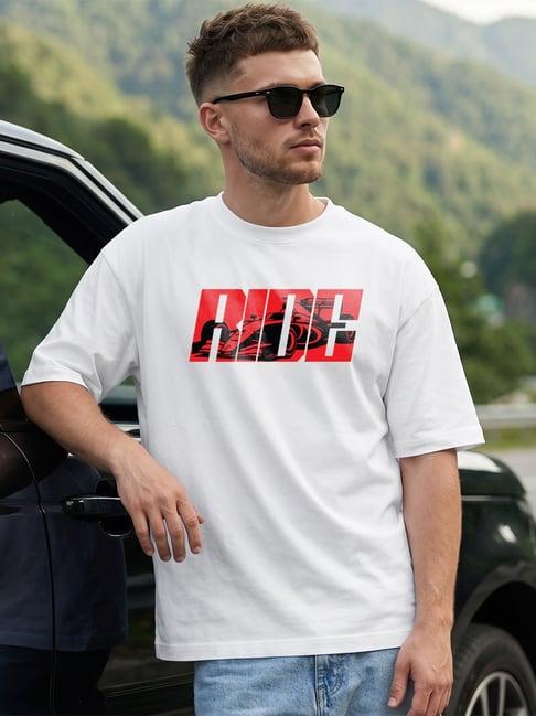 Bewakoof Men's White Ride Graphic Printed Oversized T-Shirt
