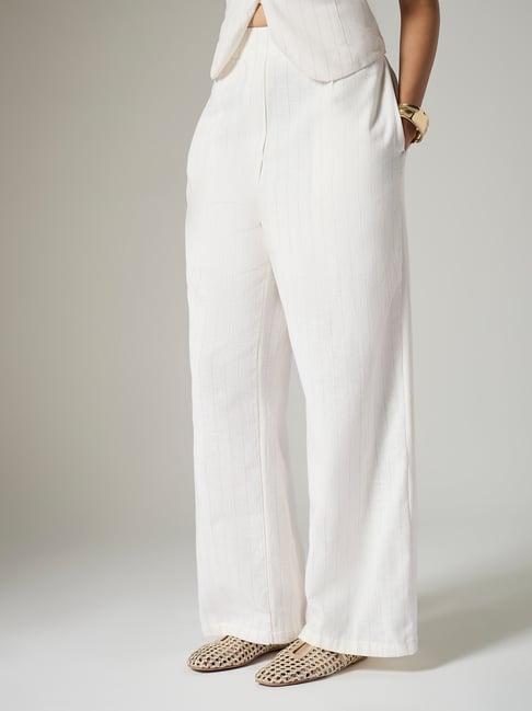 Wardrobe by Westside Ivory Striped High-Rise Cotton-Blend Trousers