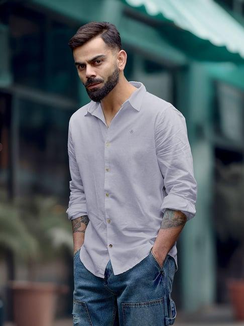 Wrogn Mens Blue Slim Solid Cotton Linen Shirt