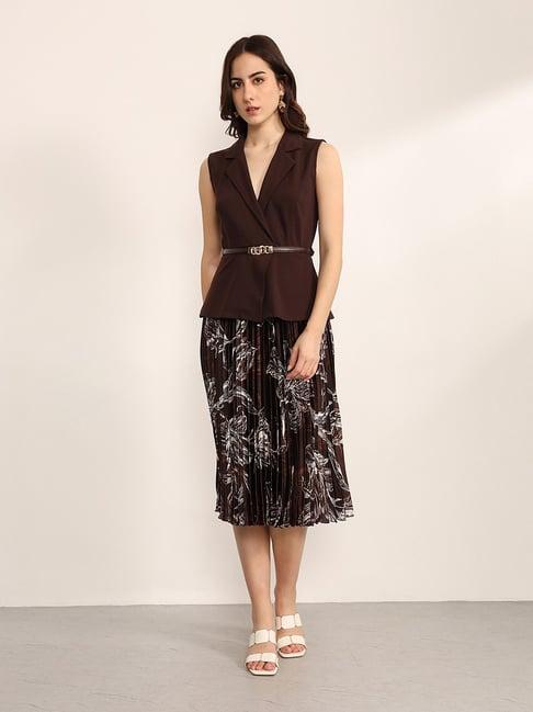 Kazo Brown Polyester Floral Print Midi Dress
