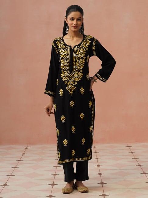 House of Chikankari Black Straight Fit Embroidered Kurta