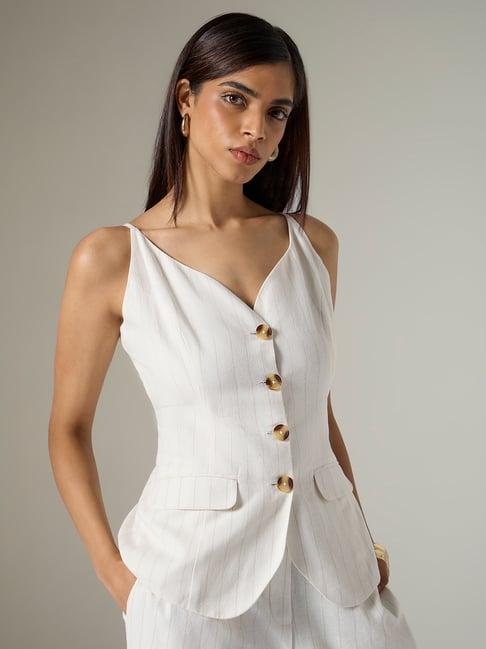 Wardrobe by Westside Ivory Striped Cotton-Blend Waistcoat