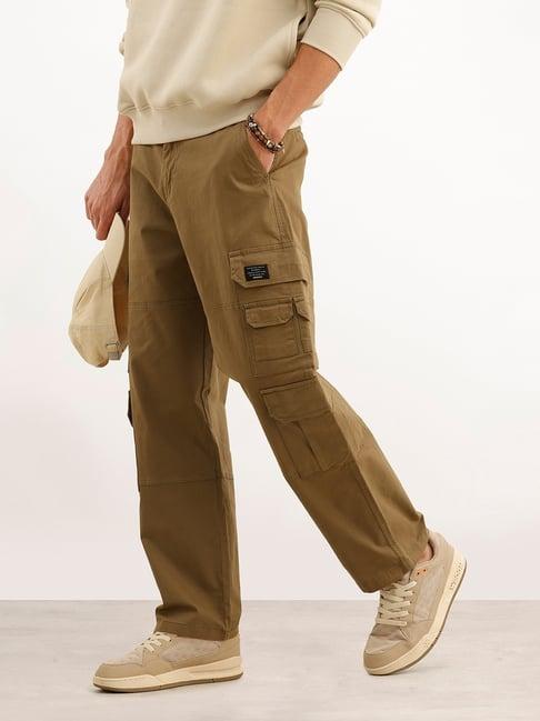 WROGN Mens Olive Loose Solid Cargo Trousers