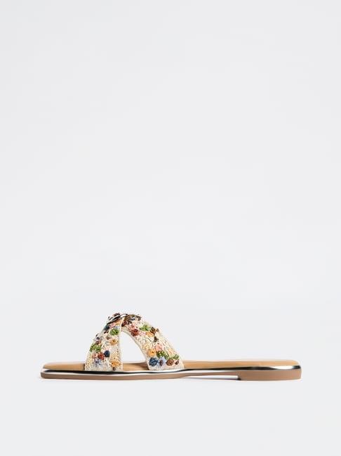 LUNA BLU by Westside Multicolour Floral Embroidered Criss-Cross Strap Slides