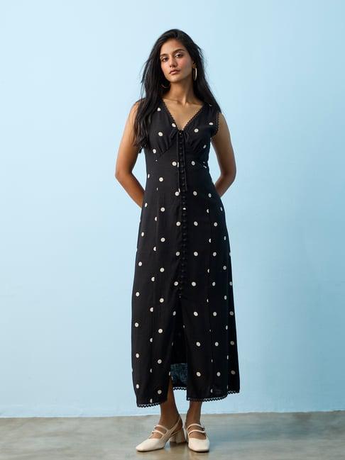 LOV by Westside Black Polka Dot Printed Linen-Blend A-Line Dress