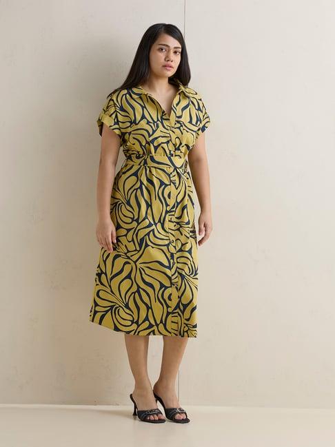 Gia by Westside Lime Abstract Pattern Cotton Shirt Dress with Belt