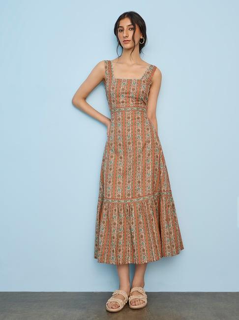 Bombay Paisley by Westside Orange Floral Printed Cotton A-Line Dress