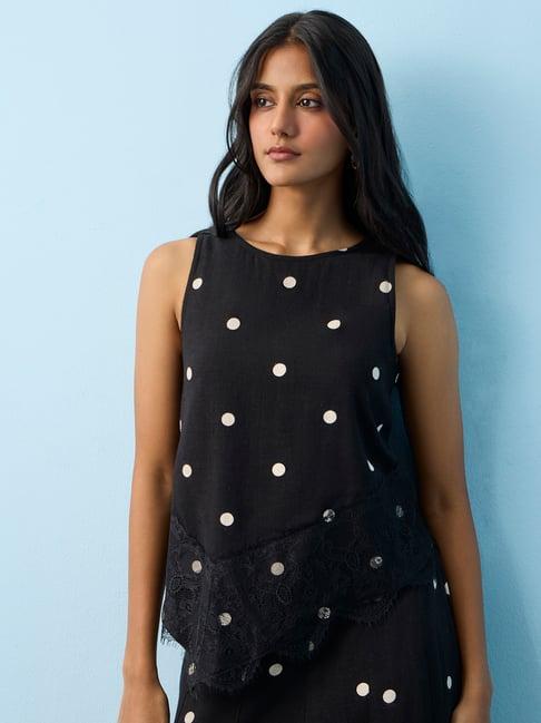 LOV by Westside Black Polka Dot Printed Linen-Blend Top