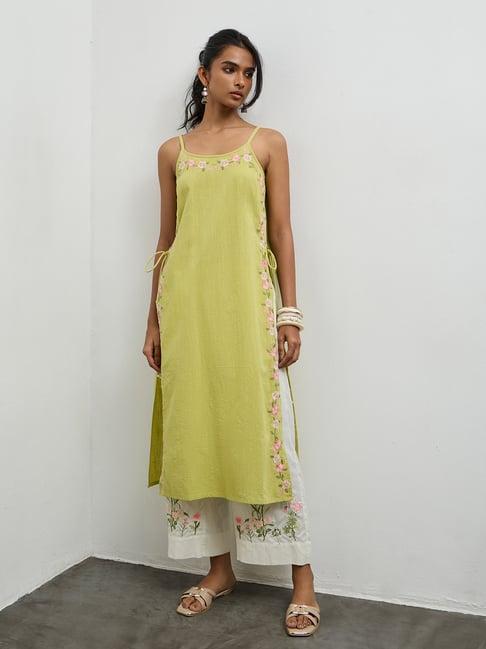 Utsa by Westside Lime Floral Embroidered Cotton-Blend A-Line Kurta