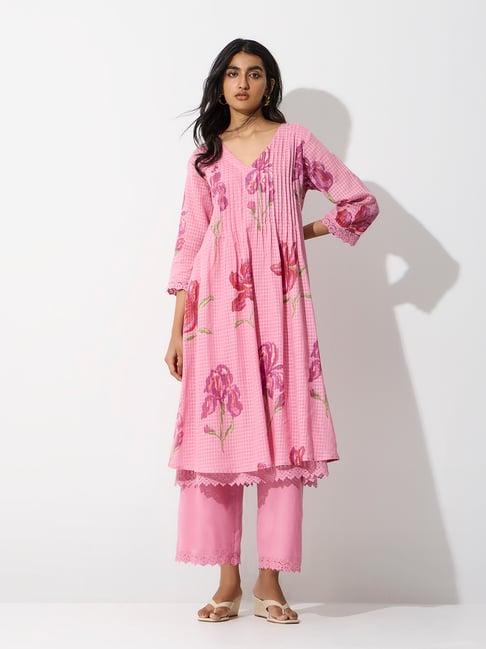 Utsa by Westside Pink Floral Pattern Cotton A-Line Kurta