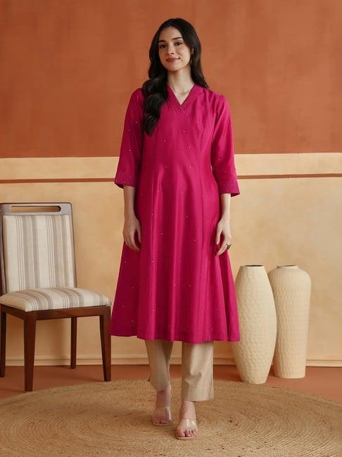 Fabindia Fuchsia Cotton Slim Fit Embellished Kurta