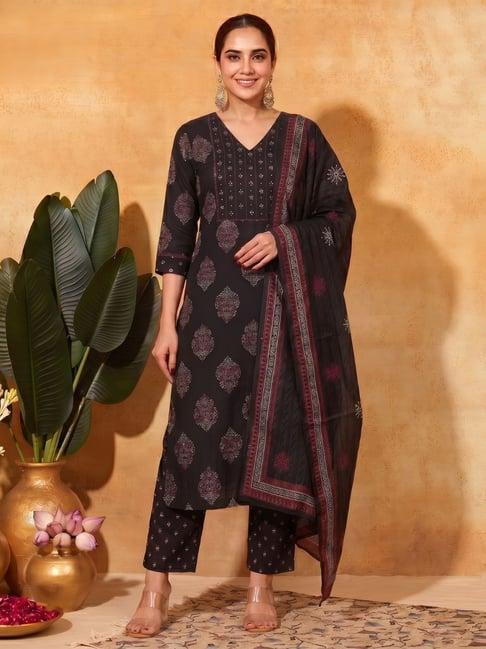 Kami Kubi Black Cotton Ethnic Motifs Kurta With Pants And Dupatta