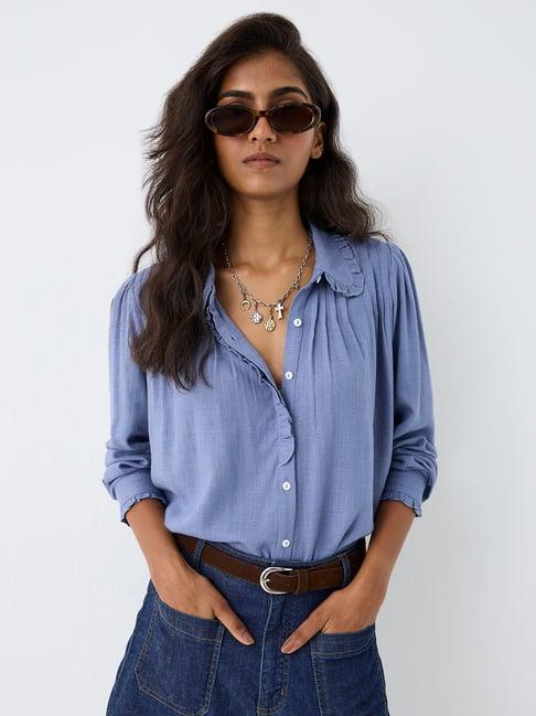 LOV by Westside Dusty Blue Pintuck-Detail Shirt