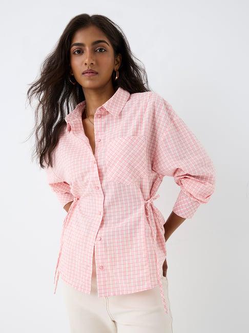 LOV by Westside Pink Checkered Tie-Up Detail Cotton Shirt
