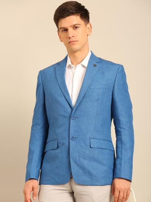 Linen Club Blue Solid Regular Fit Casual Blazer