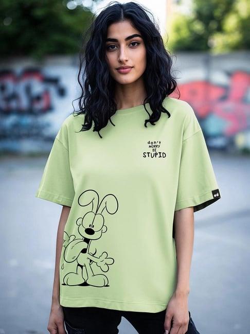 Bewakoof Women's Green Be Stupid Odie Graphic Printed Oversized T-Shirt