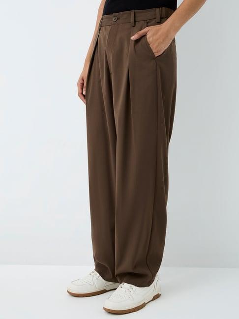 Nuon by Westside Dark Brown Loose-Fit Mid-Rise Cotton Trousers