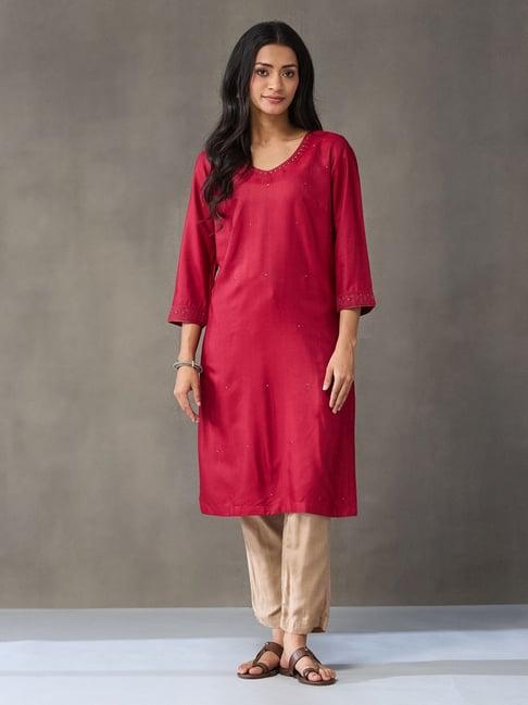Fabindia Maroon Regular Fit Embroidered Kurta