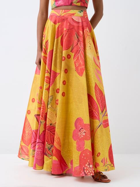 Vark by Westside Yellow Floral Printed Flared Maxi Skirt
