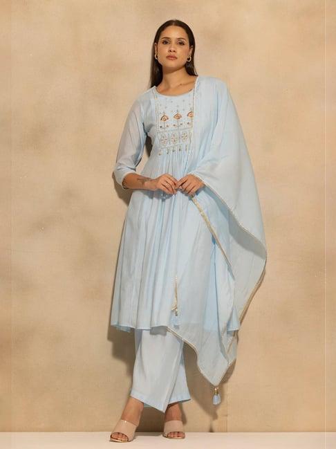 Sabhyata Blue Regular Fit Embroidered Kurta with Pant and Dupatta