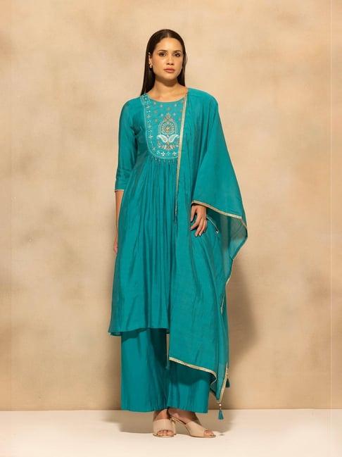 Sabhyata Teal Regular Fit Embroidered Kurta with Pant and Dupatta