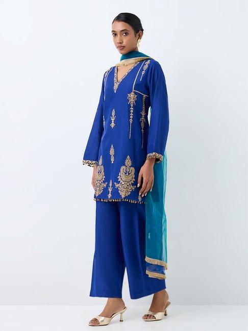 Vark by Westside Dark Blue Floral Embroidered Ethnic Set