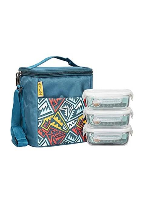 Femora Blue & Transparent Borosilicate Glass Microwave Safe Lunch Box - Set of 3
