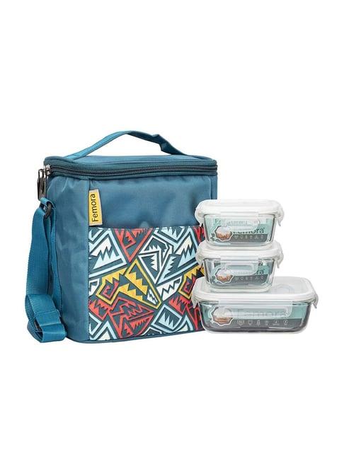 Femora Blue & Transparent Borosilicate Glass Microwave Safe Lunch Box (0.62 L & 0.3 L) - Set of 2