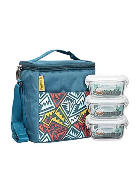 Femora Blue & Transparent Borosilicate Glass Microwave Safe Lunch Box - Set of 3