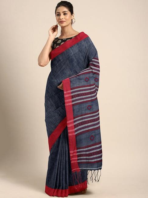 Kalakari India Blue & Red Cotton Woven Saree With Unstitched Blouse