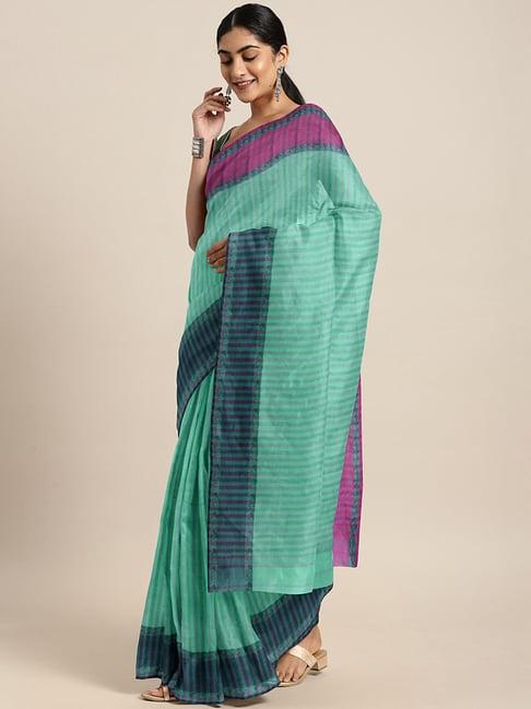 Kalakari India Turquoise Cotton Woven Saree With Unstitched Blouse