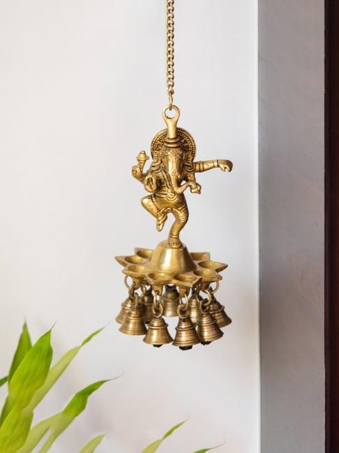 ExclusiveLane Gold Brass Swaying Ganesha Hand-Etched Decorative Hanging Diya With Bell