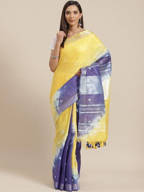 Kalakari India Yellow & Purple Linen Tie & Dye Saree With Unstitched Blouse
