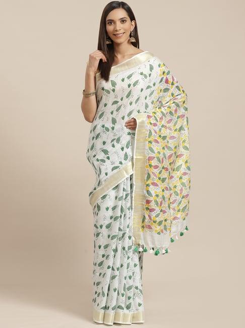 Kalakari India White Linen Printed Saree With Unstitched Blouse