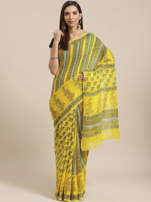 Kalakari India Yellow Cotton Printed Saree With Unstitched Blouse