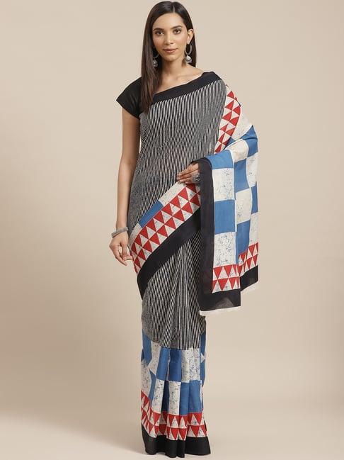 Kalakari India White & Black Cotton Striped Saree With Unstitched Blouse