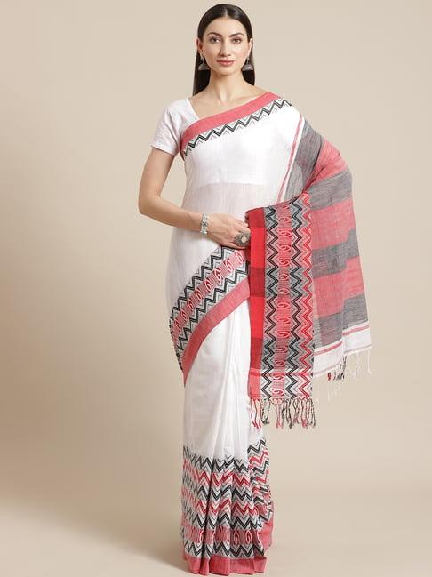 Kalakari India White Cotton Woven Saree With Unstitched Blouse