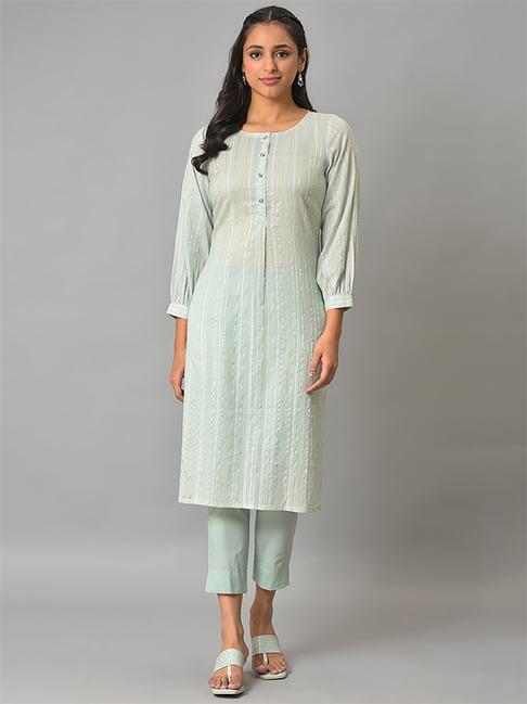 Aurelia Green Cotton Striped Straight Kurta