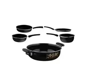 Induction Base Non Stick Cast Iron Cookware Set of 5 Piece Kadai Tawa Frypan Saucepan Tadka Pan Kitchen Set Black Free Size