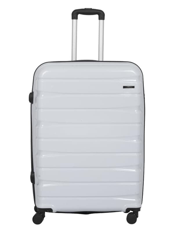 Teakwood Large Check in Size 8 Wheels Trolley Bag, Hard Cabin with Zipper Closure, Adjustable Push Button & Cross Side Strap, TSA Lock System 360 Degree (Large Check in Size, Silver)