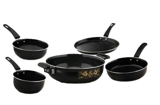 5 Piece Non Stick Cookware Set Kadai Frypan Saucepan Cast Iron Kitchen Gas Induction Compatible Durable Use Set Black Free Size