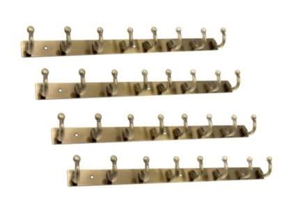 GHAR DWAR 8-Pin Stainless Steel Wall Mount Hook Strip, Antique Brass Heavy Duty Hanger for Clothes, Scarf, Keys & Robes, Rust-Proof Metal Rail Organizer for Home, Door & Kitchen (Pack of 4)