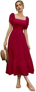 Shreyam Girl's & Women's Solid A-Line Ruched Puff Sleeve Maxi Long Evening One Piece Long Dress for Women Stylish
