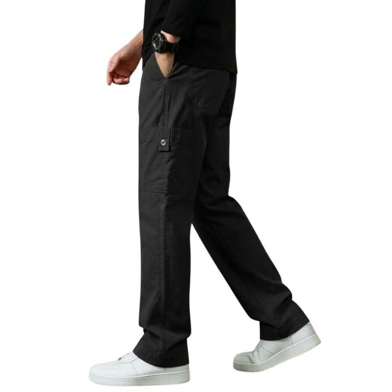 SMOWKLY Men’s Cotton Cargo Pants|Casual Trousers for Men|Comfortable Lower for Men|Pants for Man with 6 Pockets & Drawstring Elastic Waistband|Outdoor Trousers (1685_BK_36) Black