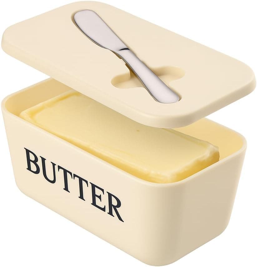 Kyraton Large Plastic Butter Dish with Lid and Knife, Food Grade PP Butter Holder Keeper with Cover for Kitchen Refrigerator Butter Container (White)
