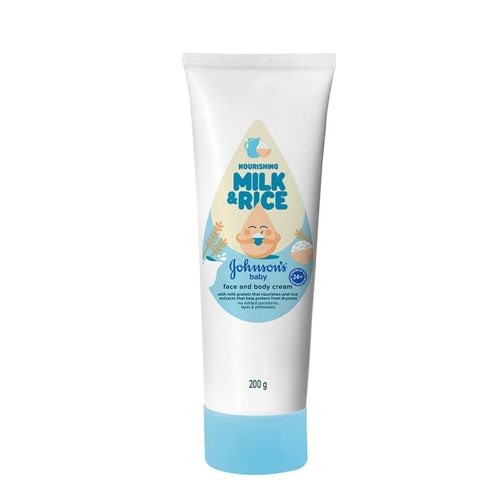 Johnson's Baby Milk and Rice Cream, 200g | Face & Body Cream for All Skin Types Including Sensitive Skin | With Milk Protein, Rice Extracts & Multivitamin Complex | Helps Nourish & Protects Baby's Skin from Dryness | No Added Parabens & Sulphates | Hypoallergenic & PH Based Formula