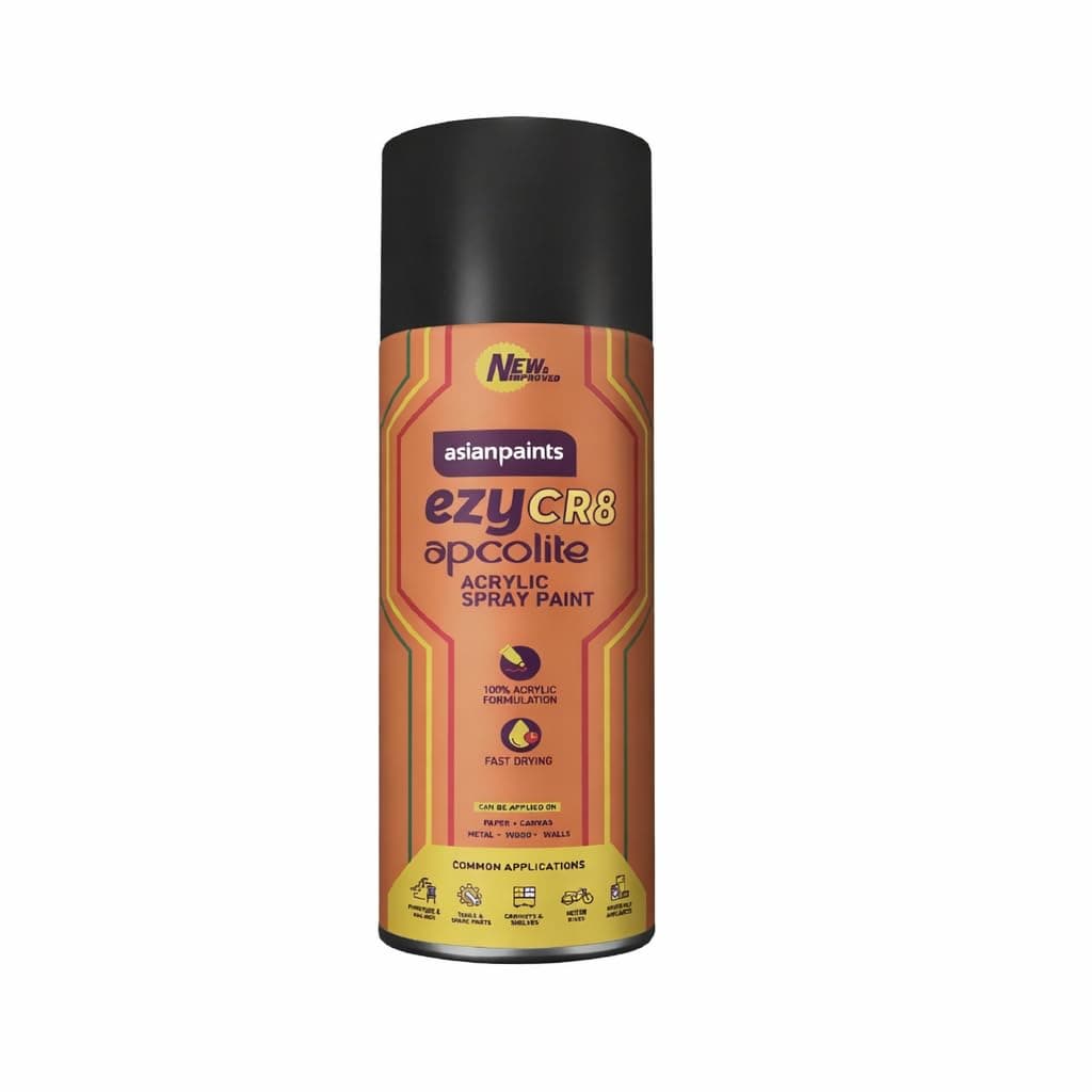 Asian Paints ezyCR8 Apcolite Spray Paint with Acrylic Quick Drying Matt Black Finish Multi-Purpose Multi-Surface DIY Aerosol Can for Car Bike Home Metal Wood Furniture Walls and Art Craft (1Pc, 400ml)