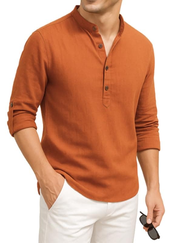 DEELMO Men's Cotton Blend Solid Regular Fit Full Sleeve Short Kurta | Men's Trendy Short Kurta Dark Orange