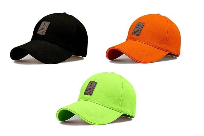 rytoria Combo 3 Pcs Cap for Men and Women Unisex Cotton Caps Adjustable Strap Free Size Summer Sports Cricket Gym Dance (in, Alpha, Free Size, Big & Tall, Black Orange Green)