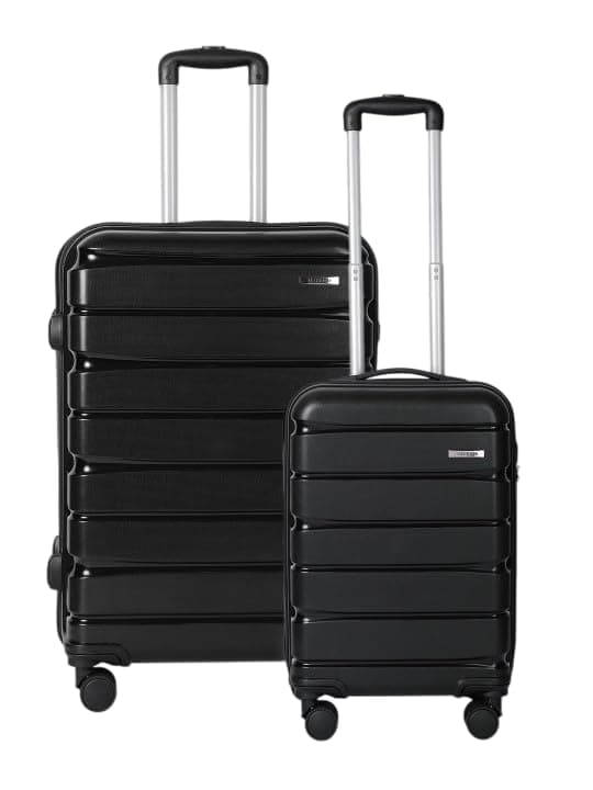 Teakwood Small-Medium Cabin Size 8 Wheels Trolley Bag, Hard Cabin with Zipper Closure, Adjustable Push Button & Cross Side Strap, TSA Lock System 360 Degree (Set of 2, Black)